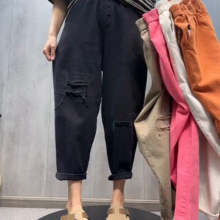 大码薄款哈伦裤牛仔裤女2024春夏新款跨裤老爹裤胖mm显瘦阔腿裤子