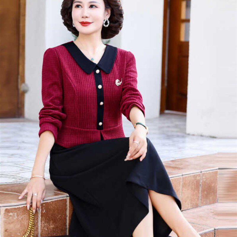 中年妈妈裙子春款长袖红色连衣裙春秋季假两件时尚中老年女装新款