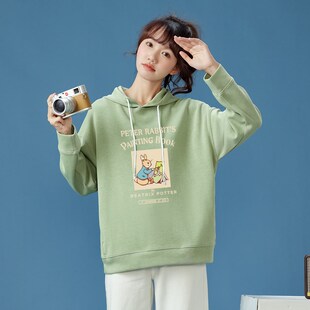 卡通印花连帽长袖卫衣女春秋薄款宽松韩版学院风少女带帽套头上衣