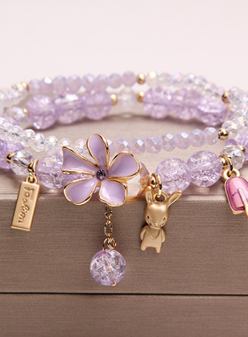 小清新水晶手链女韩版简约学生森系闺蜜串珠手环手圈花朵吊坠手串