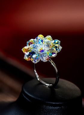 荆棘纯银水晶花朵戒指食指戒冰花水滴个性开口戒圈指环可调大小