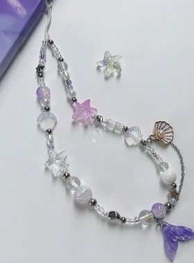 原创自制紫色鱼群贝壳吊坠手机挂