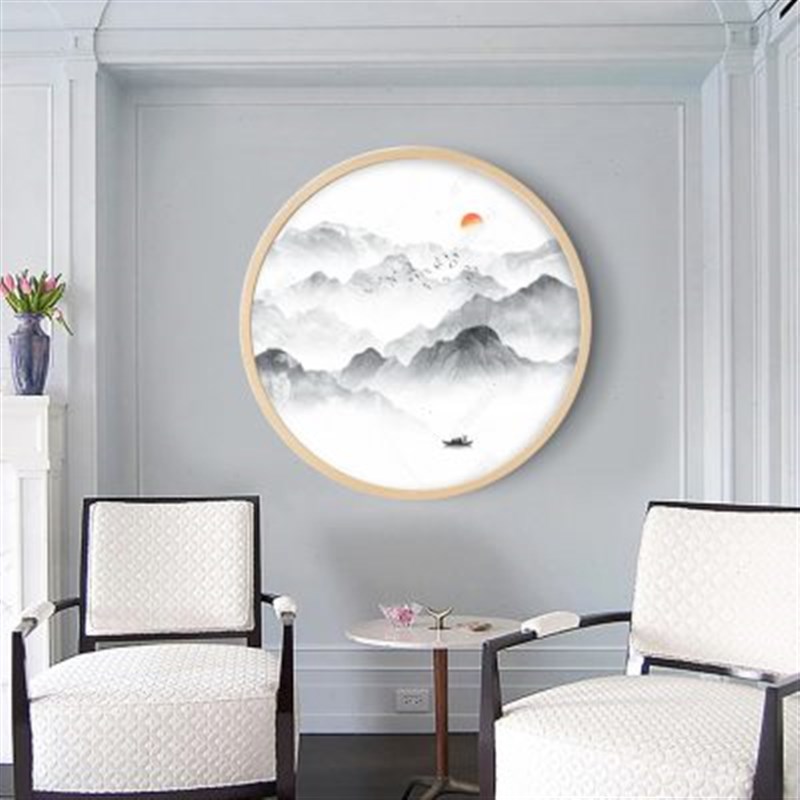 新中式玄关装饰画墙纸墙布画芯弧形入门圆形壁画走廊过道水墨禅意图片