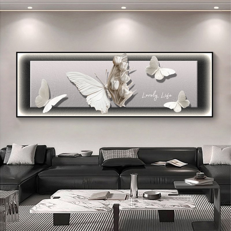 蝴蝶客厅装饰画高级感横版沙发背景墙挂画现代轻奢卧室床头灯画图片