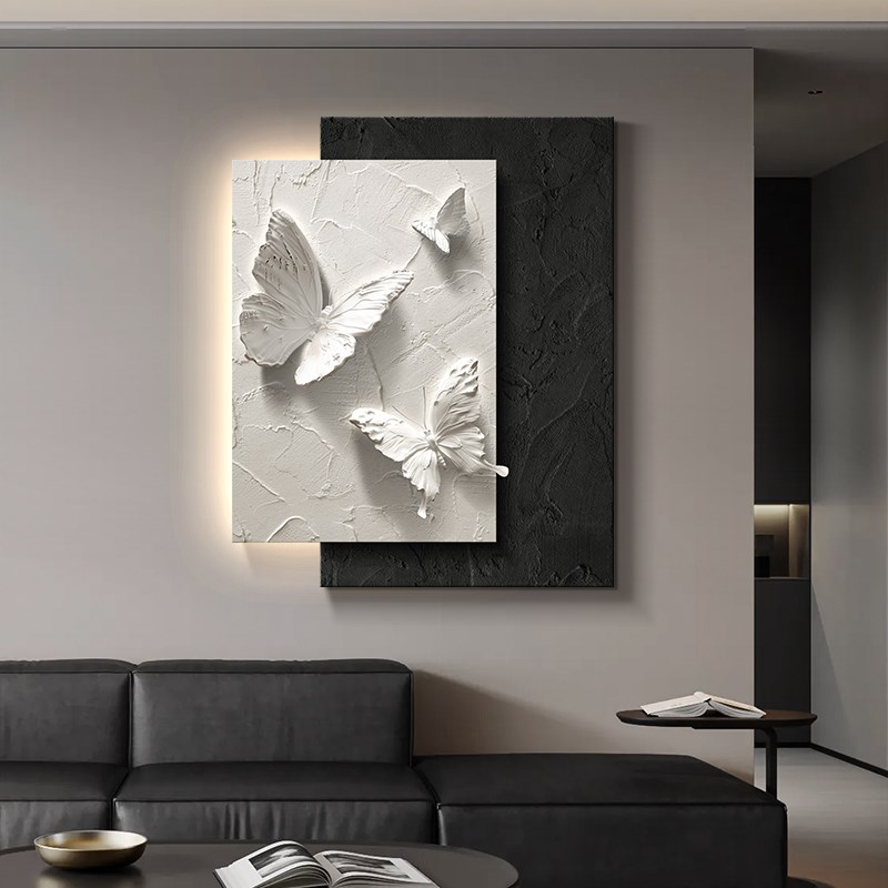 侘寂风客厅装饰画黑白灰蝴蝶沙发背景墙挂画高级感抽象立体壁画灯图片