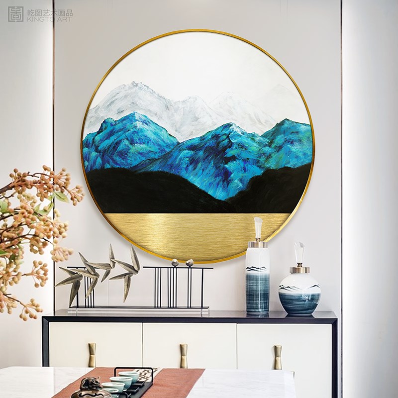 进门圆形手绘山水画玄关装饰画轻奢风客厅背景墙挂画餐厅走廊壁画图片