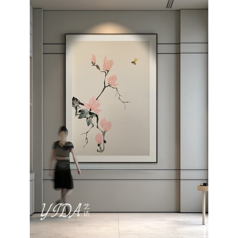 新中式粉色花卉纯手绘油画宋代美学客厅茶室装饰画酒店办公室挂画图片