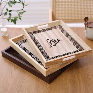 日式实木收纳盘手工镂空收纳盒拍照道具茶具窗花排水托热销