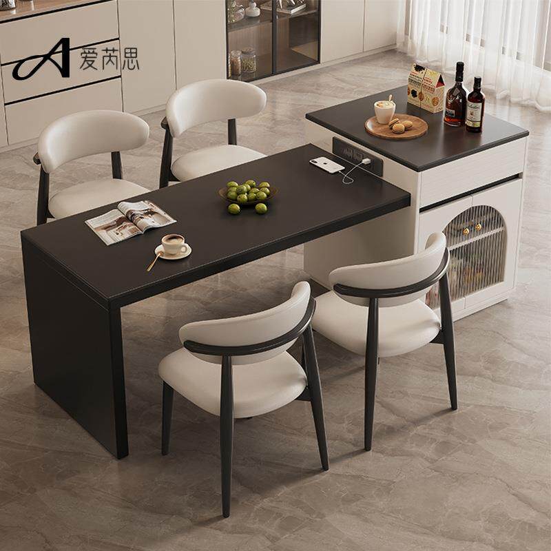 岩板岛台餐桌一体多功能泡茶桌可伸缩家用实木餐桌北欧原木风桌子