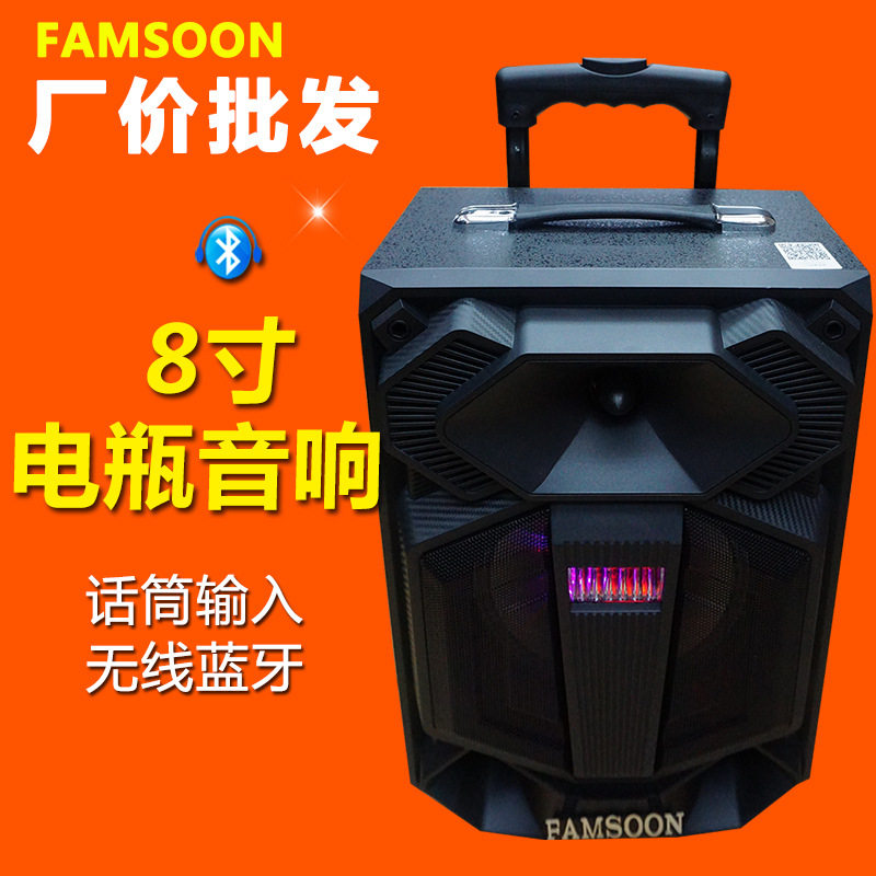 跨境出口广场舞户外拉杆大功率电瓶音箱单8寸LED炫彩灯重低音音响