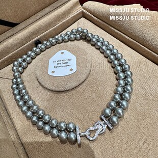 消失的她倪妮款烟灰色珍珠双层项链镶钻吊坠颈链女轻奢港风锁骨链