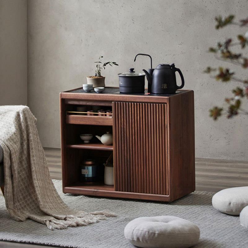 直销北欧全实木移动茶水柜新中式办公室黑胡桃木边柜客厅茶台