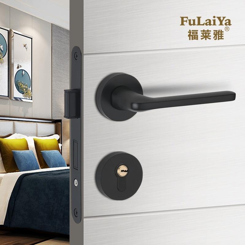 供应磁吸静音锁室内卧室内木门房间门锁黑色分体锁锌合金执手锁