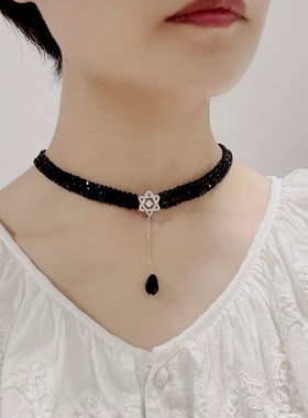 甲状腺术后遮挡疤痕天然黑尖晶石时尚女人味锁骨颈链多层短款项链