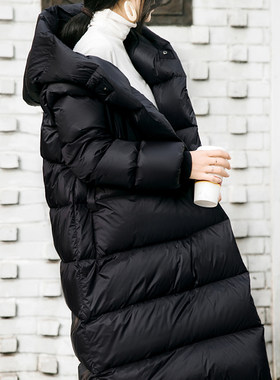 棉被羽绒服女中长款2021韩版黑色茧型连帽过膝加厚鹅绒羽绒衣冬装