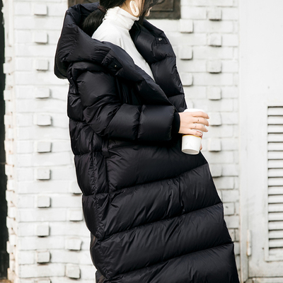棉被羽绒服女中长款2021韩版黑色茧型连帽过膝加厚鹅绒羽绒衣冬装