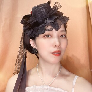 复古黑色蕾丝礼帽飘带发箍宽边带齿发卡高级感发卡贵气头箍女宫廷