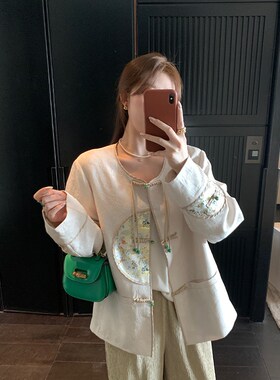 NAZ那子大码秋季新款白玉闺秀新中式复古盘扣胖mm刺绣改良外套女