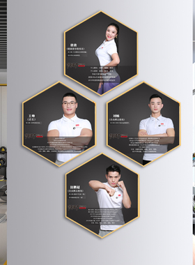 健身房教师简介相框铝合金六边形墙面装饰画教练展示形象墙包设计