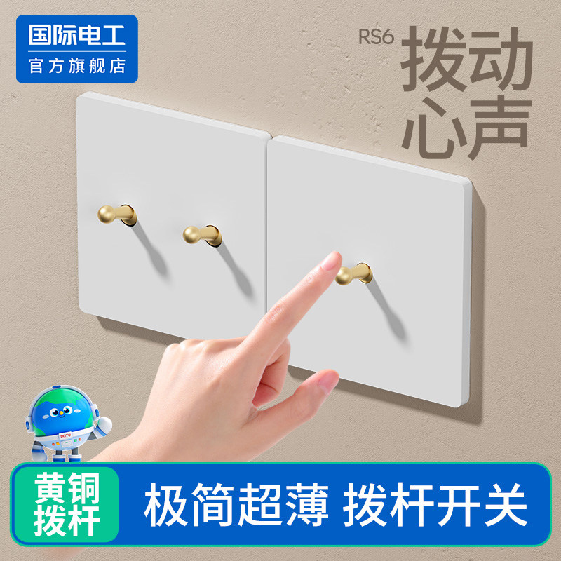 国际电工86型暗装白色黄铜拨杆开关面板家用回路一开双控双联五孔,电子/电工,开关插座套装,淘宝优惠券,粉丝福利购,淘宝优惠卷