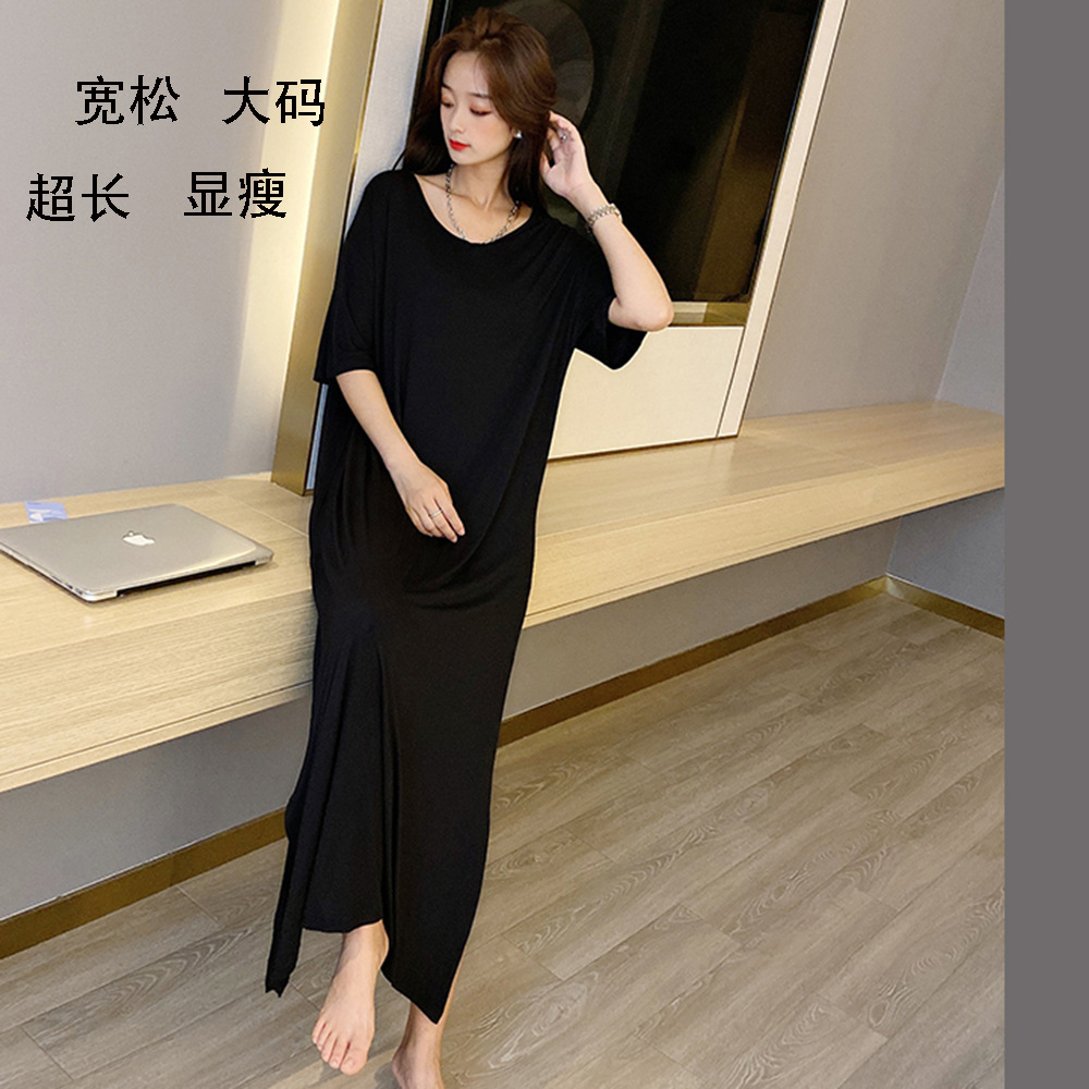 大码200斤胖MM夏季宽松显瘦V领短袖睡衣裙女可外穿家居服透气休闲