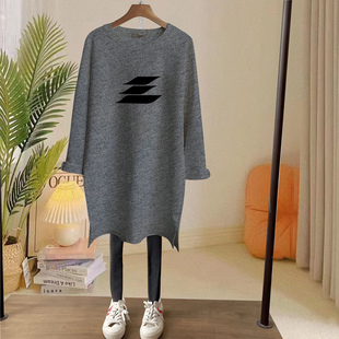 加厚保暖磨毛长袖T恤女宽松中长款休闲纯棉灰色上衣打底衫秋冬季
