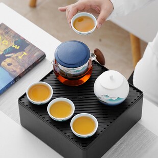 简约玻璃便携旅行茶具套装户外出差一壶四杯收纳包泡茶组家用会客