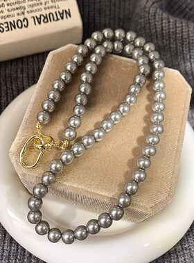 麻灰珍珠项链女配饰高级感轻奢小众毛衣链大气高档颈链气质锁骨链