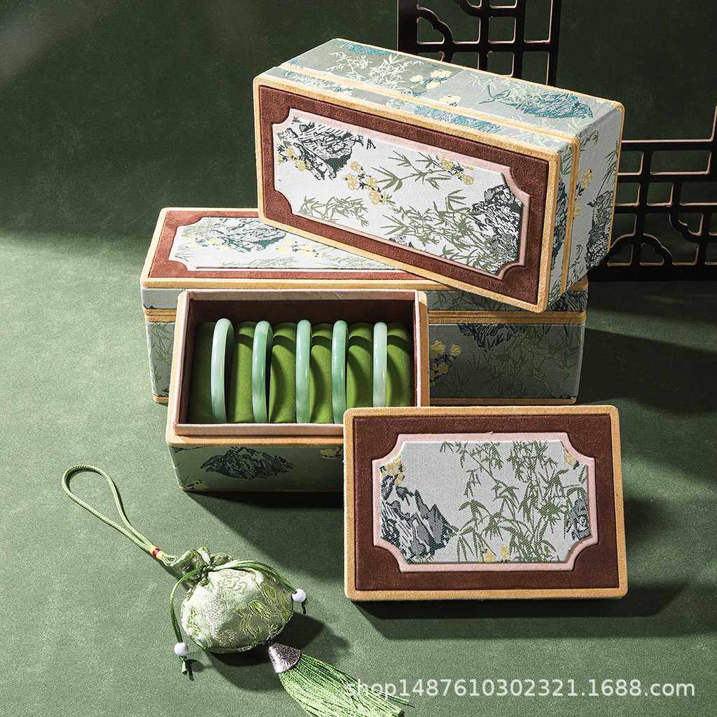翠竹中式复古锦布首饰盒精致国风翡翠手镯饰品收纳盒轻奢结婚礼物