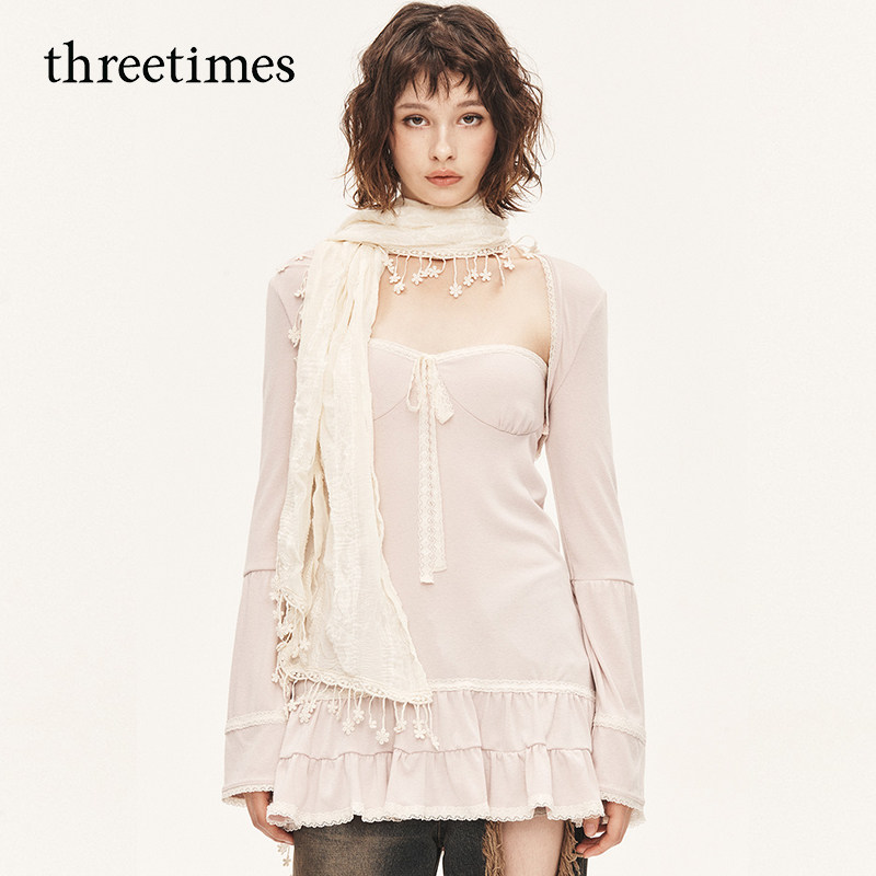 threetimes2025新款早秋薄款蕾丝围巾女秋韩系纯欲氛围感百搭气质