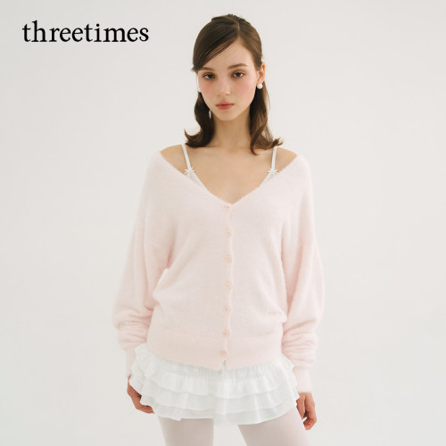 threetimes吉赛尔明星同款法式V领针织开衫女春秋慵懒松弛感毛衣