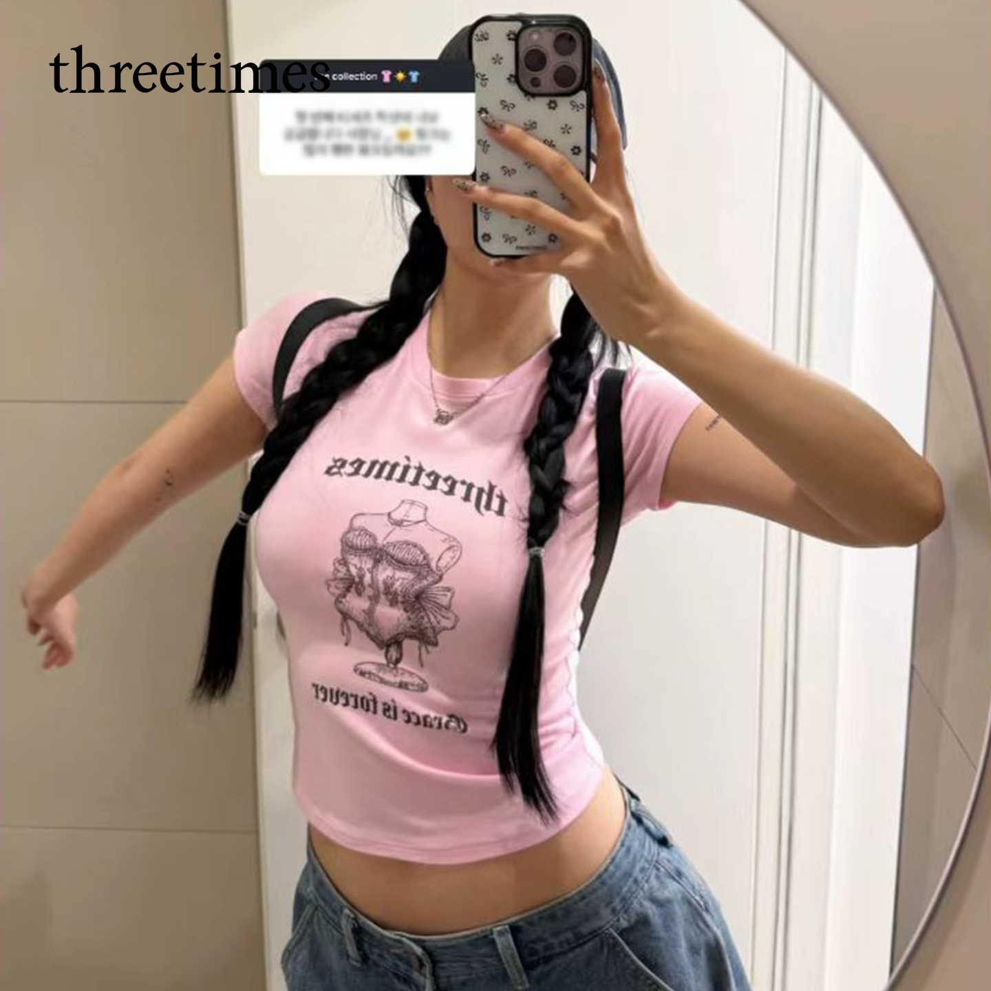 threetimes2025巨好看粉色印花短袖t恤女款时尚上衣洋气时髦减龄