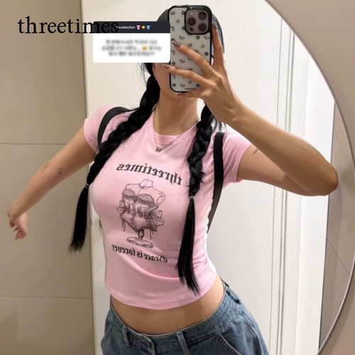 threetimes2026巨好看粉色印花短袖t恤女款时尚上衣洋气时髦减龄