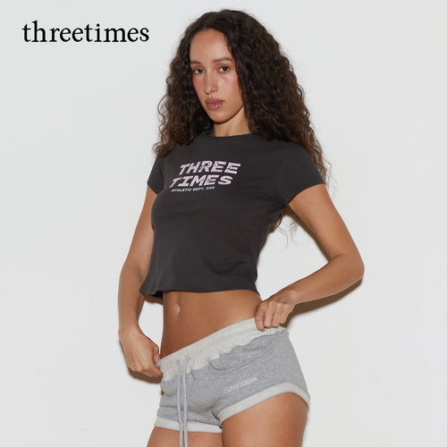 threetimes美式风格短袖t恤女款2026新款小众设计感露脐短上衣夏