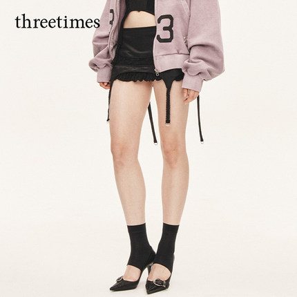 threetimes蕾丝拼接不规则包臀半身裙2025新款辣妹风性感短款裙裤
