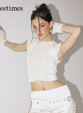 threetimes2026春季纯欲风白色袖套针织衫女修身短款无袖拼接上衣