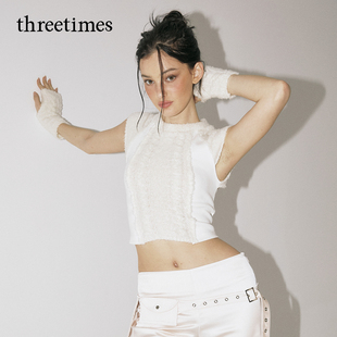 threetimes2025秋冬纯欲风白色袖套针织衫女修身短款无袖拼接上衣