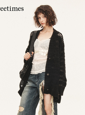 threetimes2026春独特超好看长款镂空针织开衫女松弛感慵懒风外套