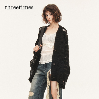threetimes秋季独特超好看长款镂空针织开衫女2025新款慵懒风外套