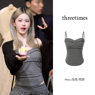 threetimes碎花抹胸吊带背心女mayu同款露背设计感内搭甜辣短上衣