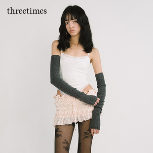 threetimes法式长款堆堆针织手套女2025冬季新款百搭手臂保暖袖套