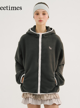 threetimes仿羊羔毛连帽摇粒绒外套女冬2025新款双面保暖毛绒上衣