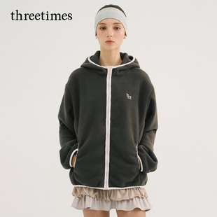 threetimes仿羊羔毛连帽摇粒绒外套女冬2025新款双面保暖毛绒上衣
