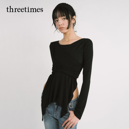 threetimes不对称扭结修身长袖T恤女2026春季收腰露背设计感上衣