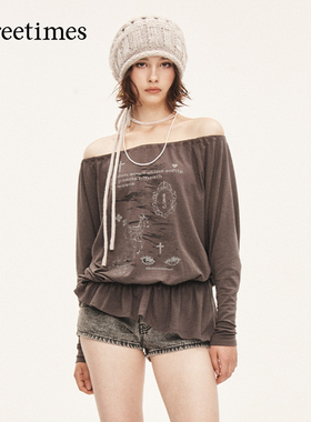 鞠婧祎同款threetimes2025复古慵懒风长袖t恤一字领露肩上衣女秋