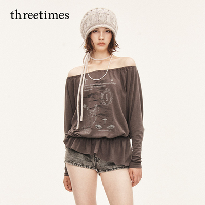 鞠婧祎同款threetimes2025复古慵懒风长袖t恤一字领露肩上衣女秋