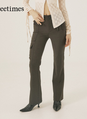 threetimes2026通勤多口袋工装休闲裤女修身微喇裤设计感高腰长裤