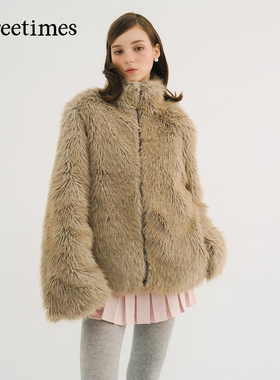 threetimes2025新款冬季高级感环保皮草女美拉德老钱风毛茸茸外套