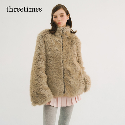threetimes2025新款冬季高级感环保皮草女美拉德老钱风毛茸茸外套