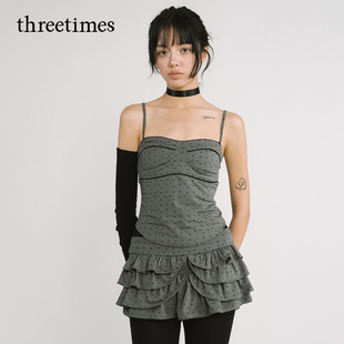 threetimes碎花抹胸吊带背心女2025新款露背设计感内搭甜辣短上衣